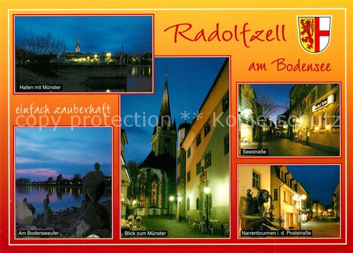 Radolfzell Bodensee Hafen mit Muenster Bodenseeufer Seestrasse Narrenbrunnen Nac