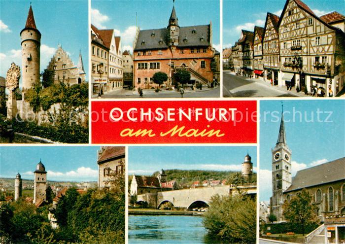 Ochsenfurt Altes und neues Rathaus Stadttuerme Fachwerkhaeuser Mainbruece