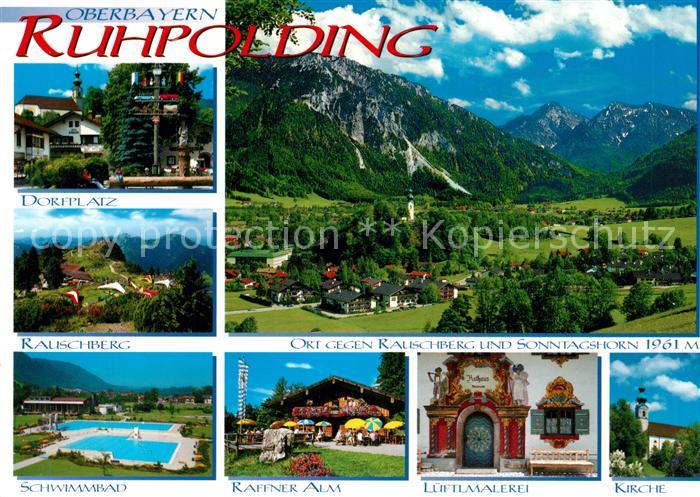 Ruhpolding Schwimmbad Kirche Dorfplatz Sonntagshorn Rauschberg Lueftlmalerei