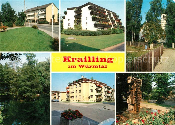 Krailling Teilansichten Kirche Brunnen Teich