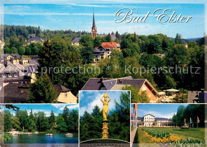 Bad Elster Ortsansicht mit Kirche Gondelteich Goldene Brunnenfigur Marienquelle