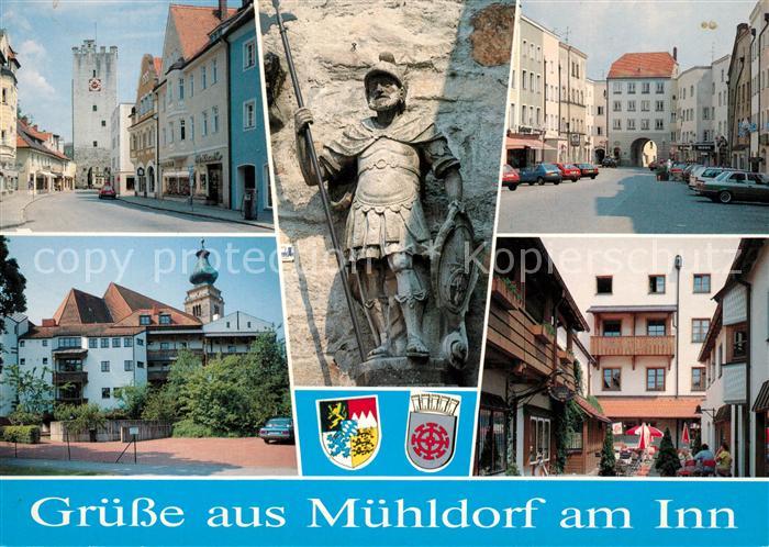 Muehldorf Inn Muenchner Tor Ritter Statue Strassencafe Kirchturm