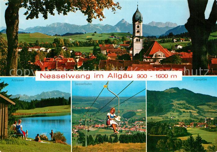 Nesselwang Gesamtansicht mit Alpenpanorama Kirche Attlesee Sesselbahn Alpspitze
