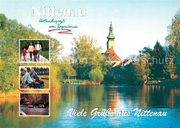 Nittenau Blick ueber den Regen zur Kirche Wandern Radfahren Bootfahren