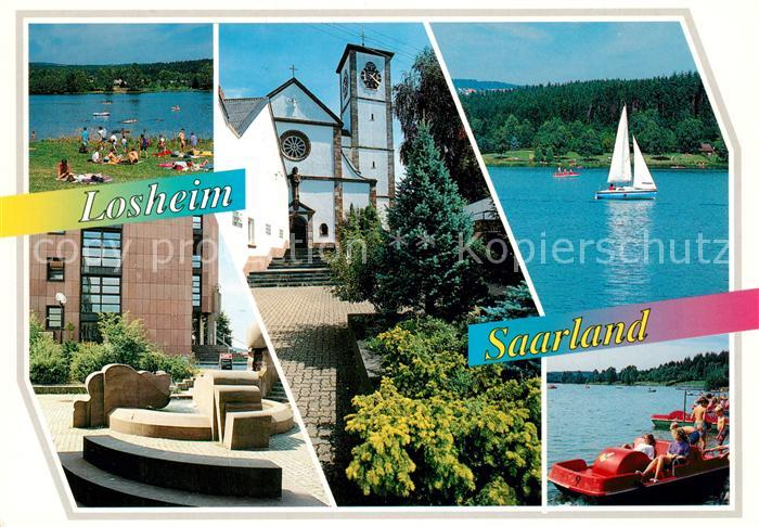 Losheim See Badestrand Kirche Segelboot Tretboot Feriengebiet Saar Mosel Hunsrue