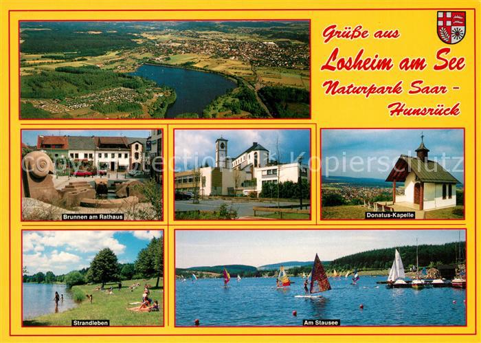 Losheim See Naturpark Saar Hunsrueck Fliegeraufnahme Brunnen Rathaus Strandleben