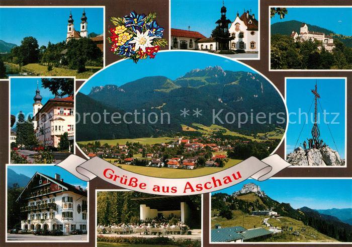 Aschau Chiemgau Gesamtansicht mit Kampenwand Bayerische Alpen Gipfelkreuz Kirche