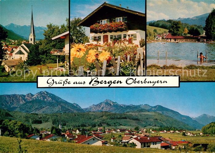 Bergen Chiemgau Kirche Blumenschmuck Schwimmbad Gesamtansicht mit Alpenpanorama
