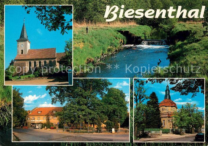 Biesenthal-Bernau Kirche Alte Eiche am Marktplatz Uferpartie am Bach Wehr