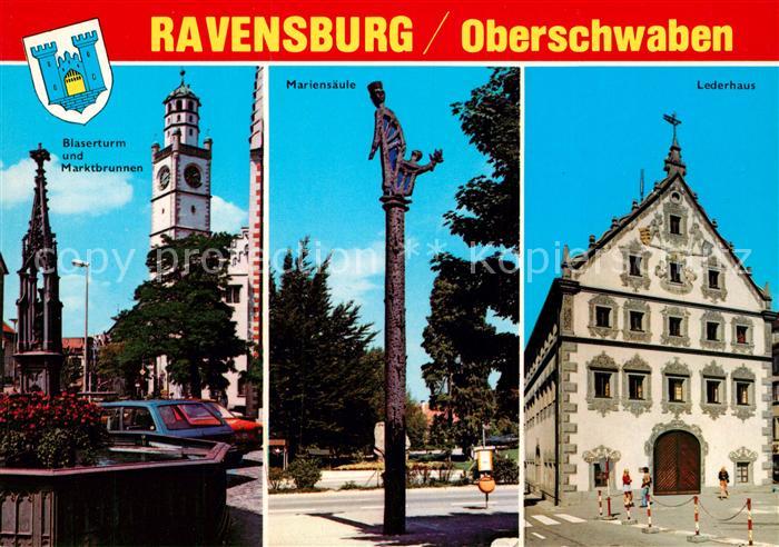 Ravensburg Wuerttemberg Blaeserturm Marktbrunnen Mariensaeule Lederhaus