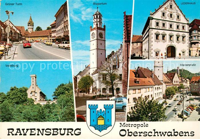 Ravensburg Wuerttemberg Gruener Turm Blaeserturm Lederhaus Veitsburg Marienplatz