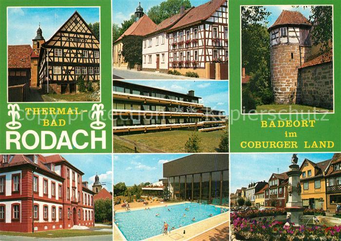 Rodach Coburg Fachwerkhaeuser Schwimmbad Brunnen Stadtmauer Turm