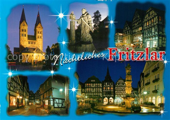 Fritzlar Dom Denkmal Statue Altstadt Fachwerkhaus Brunnen Nachtaufnahme