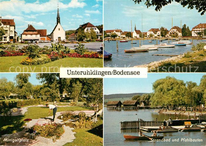 Unteruhldingen Ortsmotiv mit Kirche Hafen Minigolfplatz Strandbad Pfahlbauten
