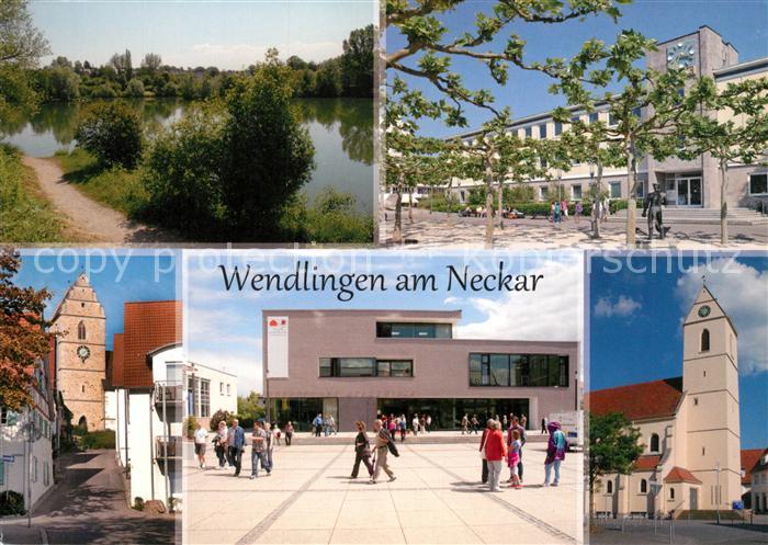 Wendlingen Neckar Uferweg am Wasser Rathaus Turm Platz Stadtmitte Kirche
