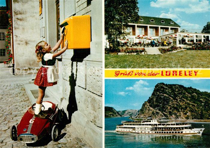 Loreley Lorelei Felsen Dampfer Restaurant Terrasse Maedchen am Briefkasten