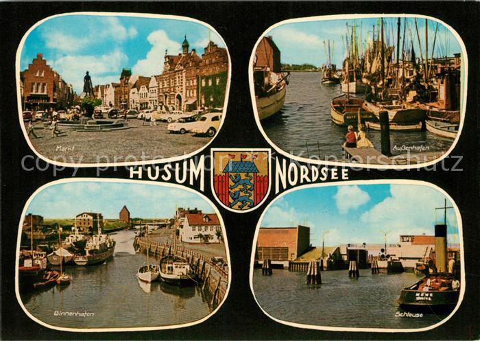 Husum Nordfriesland Marktplatz Brunnen Hafen Fischkutter Schleuse Wappen