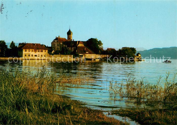 Wasserburg Bodensee Uferpartie am See Blick zur Kirche