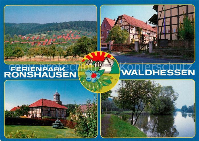 Ronshausen Panorama Ferienpark Kirche Alte Fachwerkhaeuser Partie am Fluss