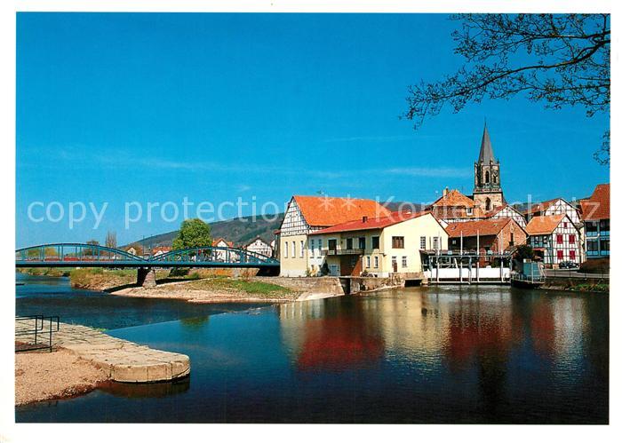 Rotenburg Fulda Blick ueber den Fluss zur Kirche Bruecke