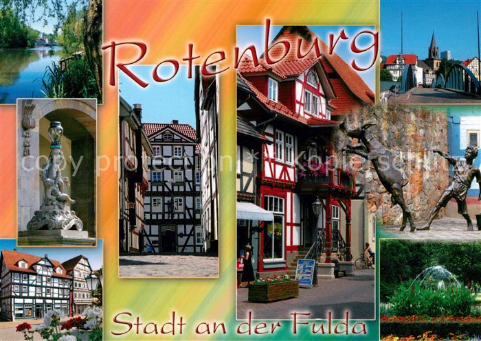 Rotenburg Fulda Altstadt Fachwerkhaeuser Denkmal Skulpturen Bruecke Park