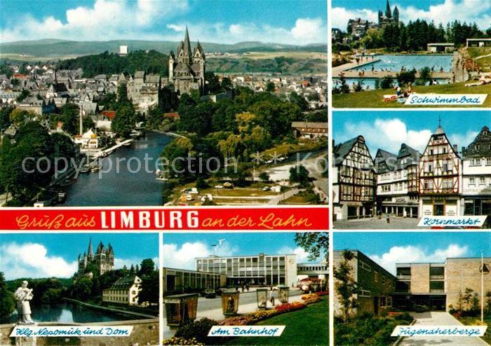 Limburg Lahn Stadtbild mit Dom Fliegeraufnahme Schwimmbad Kornmarkt Fachwerkhaeu