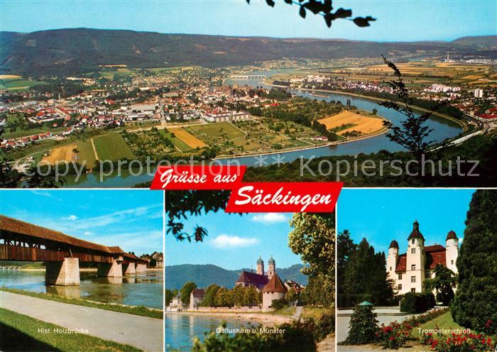 Bad Saeckingen Stadtpanorama mit Rhein Historische Holzbruecke Gallusturm Muenst
