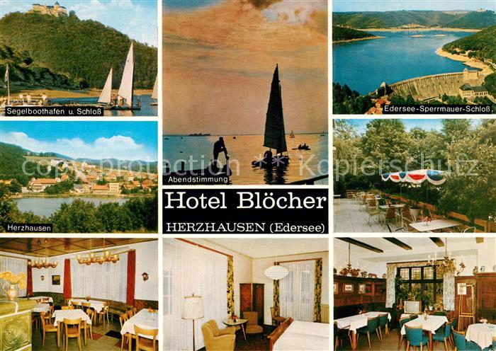 Herzhausen Edersee Hotel Bloecher Segelboothafen Schloss Abendstimmung Edersee S