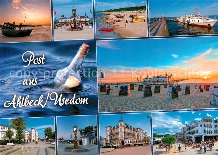 Ahlbeck Ostseebad Sonnenuntergang am Strand Seebruecke Flaschenpost Hotels Stand