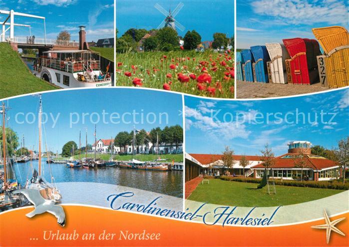 Carolinensiel-Harlesiel Ostfriesland Zugbruecke Hafen Strandkoerbe Tulpenbeet Wi