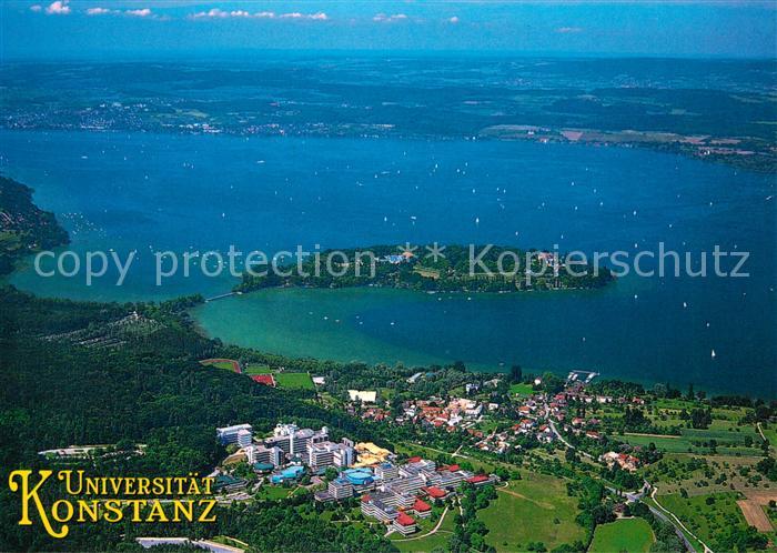 Konstanz Bodensee Universitaet mit Blick zur Blumeninsel Mainau Fliegeraufnahme