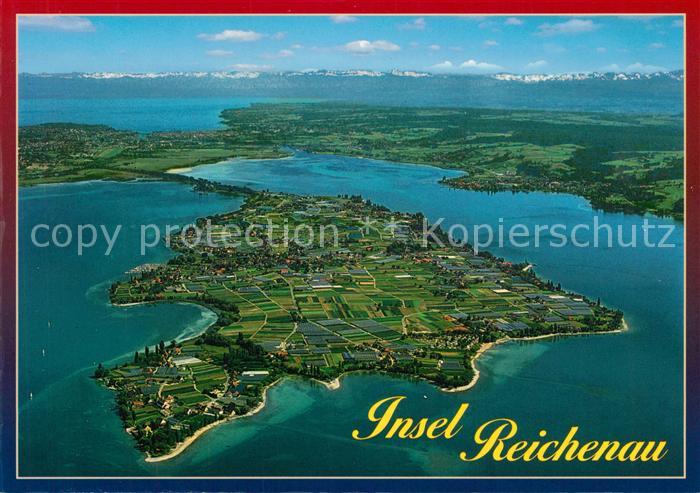 Insel Reichenau mit Alpenkette Fliegeraufnahme