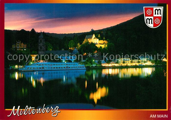 Miltenberg Main Blick ueber den Main zur Mildenburg Dampfer Nachtaufnahme