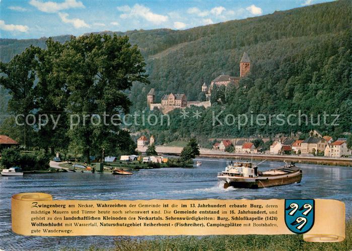 Zwingenberg Neckar Frachtkahn Binnenschifffahrt Blick zur Burg Campingplatz am F