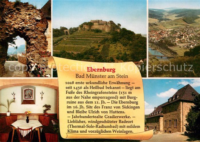 Ebernburg Burgrestaurant Blick auf Bad Muenster und Rheingrafenstein Chronik