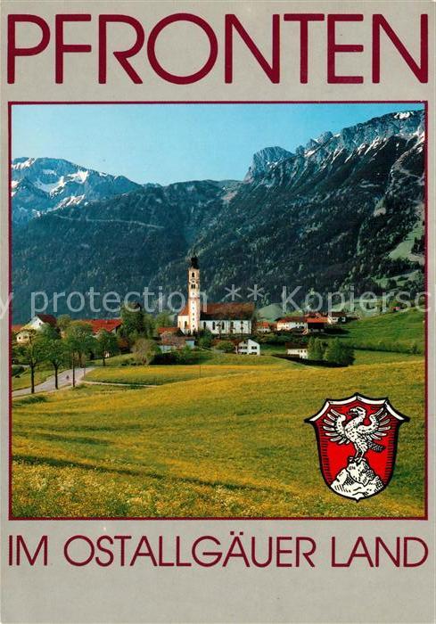 Pfronten Ostallgaeu Bayern Ortsansicht mit Kirche Ostallgaeuer Land Alpen Wappen