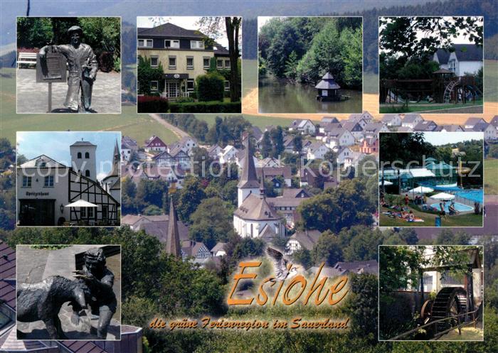 Eslohe Sauerland Orts und Teilansichten Brunnen Muehlrad Park Panorama