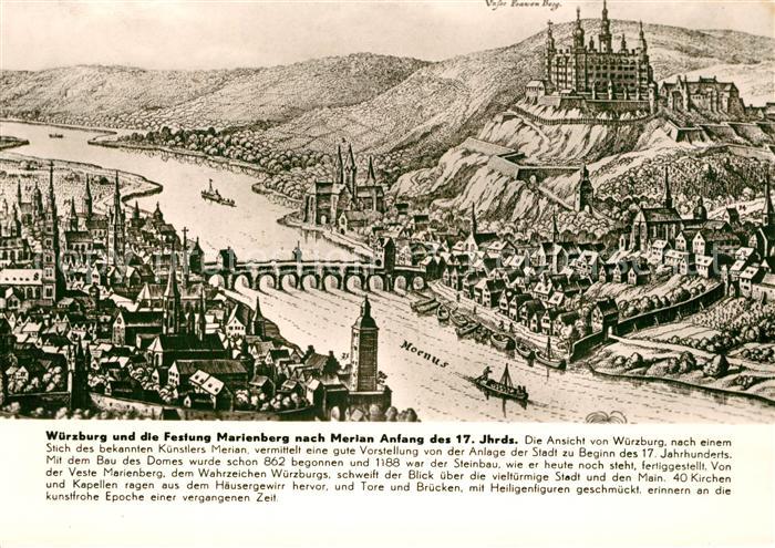 Wuerzburg mit Festung Marienberg nach Merian 17tes Jhdt