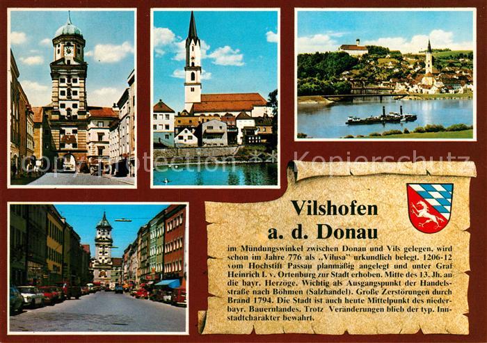 Vilshofen Donau Stadtturm Vils mit Stadtpfarrkirche Kloster Schweiklberg Stadtpl
