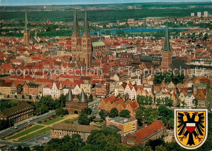Luebeck Stadtzentrum Kirchen Holstentor Fliegeraufnahme Wappen Hansestadt