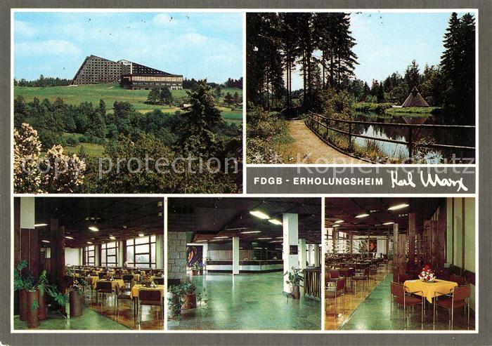 Schoeneck Vogtland FDGB Erholungsheim Karl Marx Speisesaal Partie am Wasser Wald