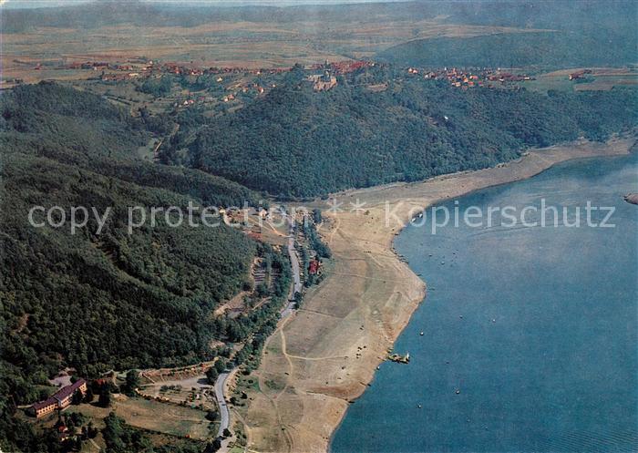 Waldeck Edersee Fliegeraufnahme mit Schloss Stadt Strandbad Jugendherberge