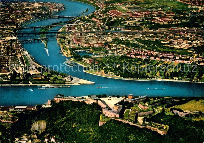 Koblenz Rhein Moselmuendung mit Deutschem Eck und Festung Ehrenbreitstein Fliege