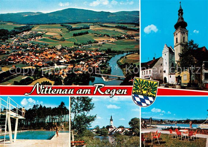 Nittenau mit Fluss Regen Fliegeraufnahme Kirche Freibad
