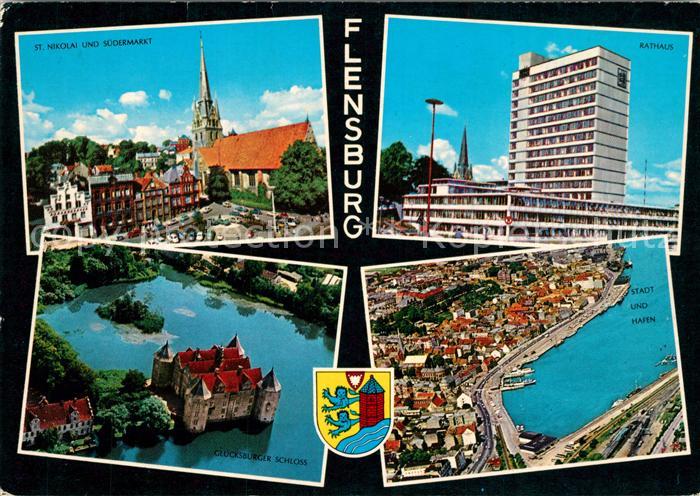 Flensburg St Nikolai Kirche und Suedermarkt Rathaus Stadt Hafen Gluecksburger Sc