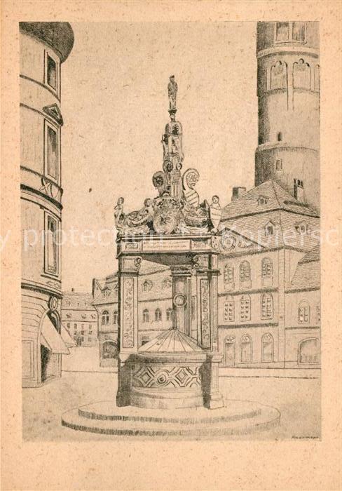 Mayence Puits du marché Marktbrunnen Zeichnung Kuenstlerkarte