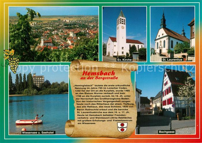 Hemsbach Bergstrasse Panorama Ev Kirche St Laurentius Wiesensee und Seehotel Bac