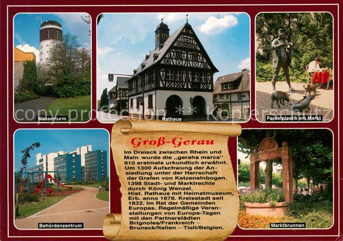 Gross-Gerau Wasserturm Rathaus Ferkelplastik am Markt Behoerdenzentrum Marktbrun