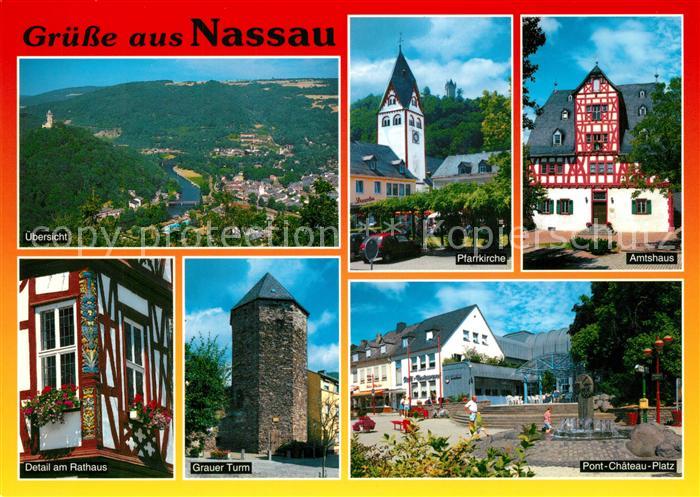 Nassau Bad Panorama Pfarrkirche Amtshaus Rathaus Grauer Turm Pont Chateau Platz