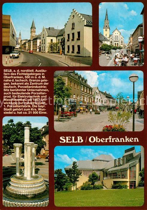 Selb Strassenpartie Kirche Fussgaengerzone Brunnen